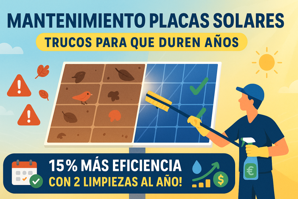 Hombre limpiando placa solar con herramientas caseras, consejos prácticos para mantenimiento duradero