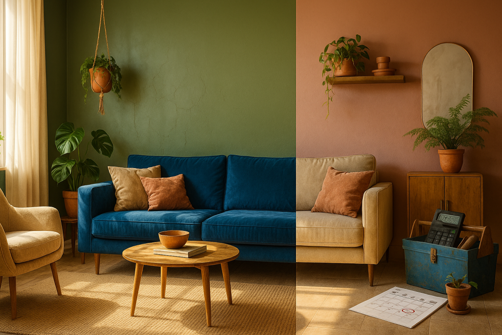 Sala moderna con paredes verde pantano y rosa terroso, muebles azul cobalto y detalles beige aterciopelado: colores de moda para casas 2025
