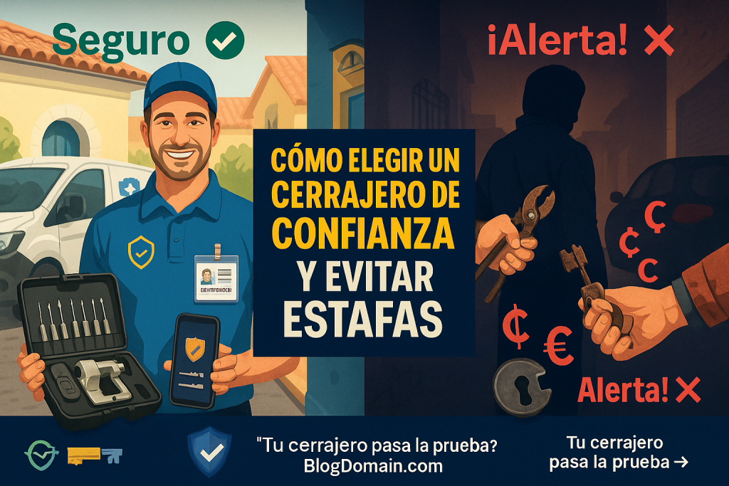 Comparación visual cerrajero honesto vs estafador: señales seguridad, herramientas legítimas y cómo evitar fraudes en urgencias