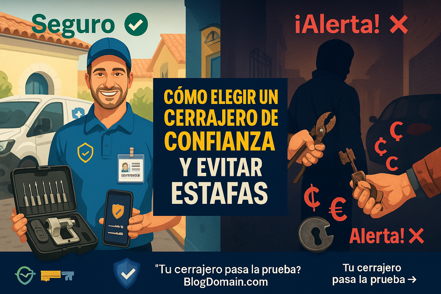 Comparación visual cerrajero honesto vs estafador: señales seguridad, herramientas legítimas y cómo evitar fraudes en urgencias