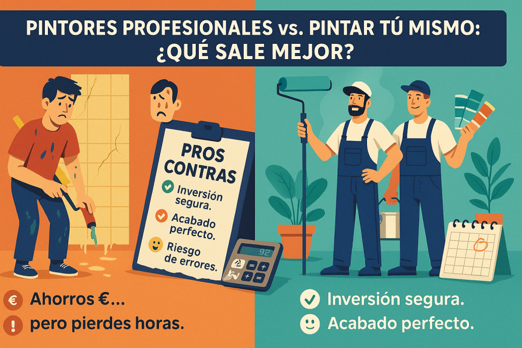 Infografía comparativa: resultados al pintar tú mismo vs contratar pintores profesionales. Errores comunes DIY vs acabados perfectos expertos.