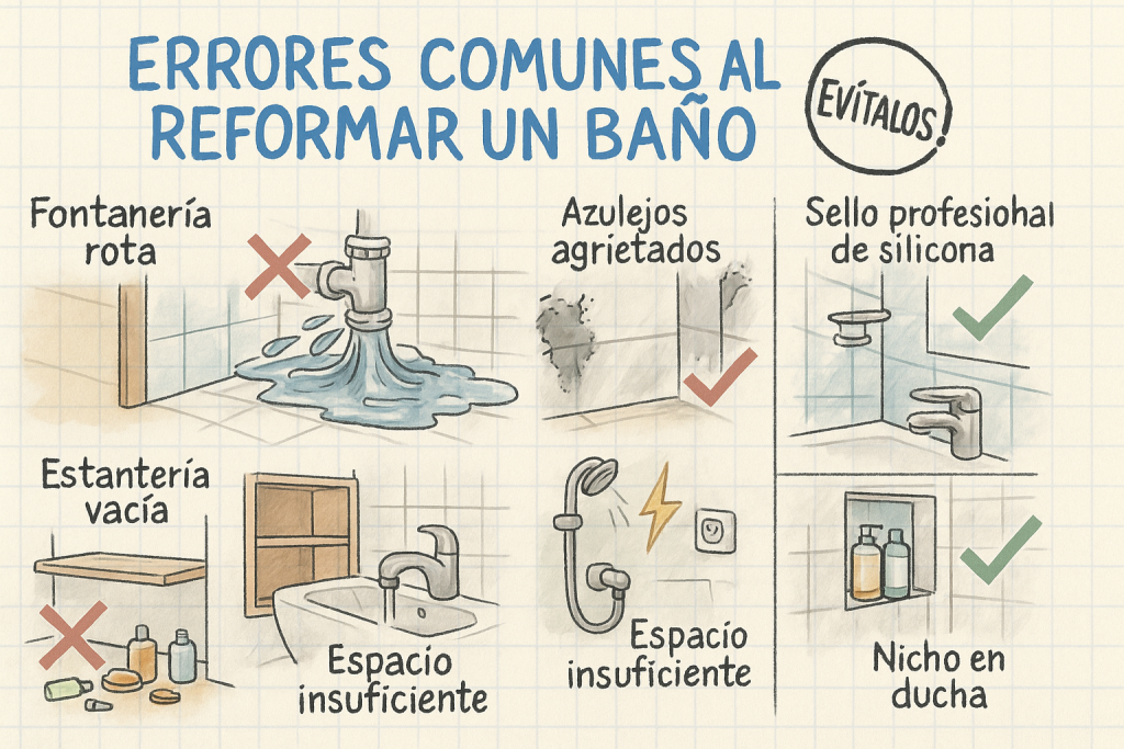 Infografía: Errores comunes al reformar un baño - Soluciones prácticas para fugas, espacio y seguridad eléctrica