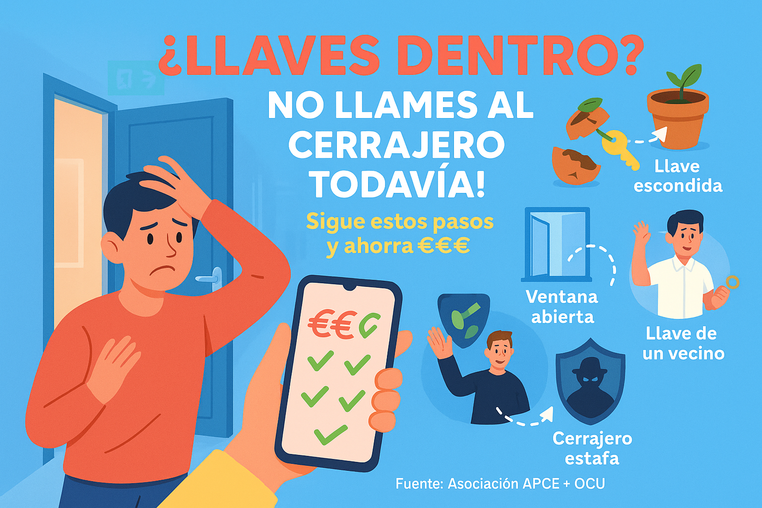 Persona bloqueada fuera de casa soluciones antes cerrajero: revisar ventanas, copias llaves vecinos, escondites seguros, evitar estafas urgencia